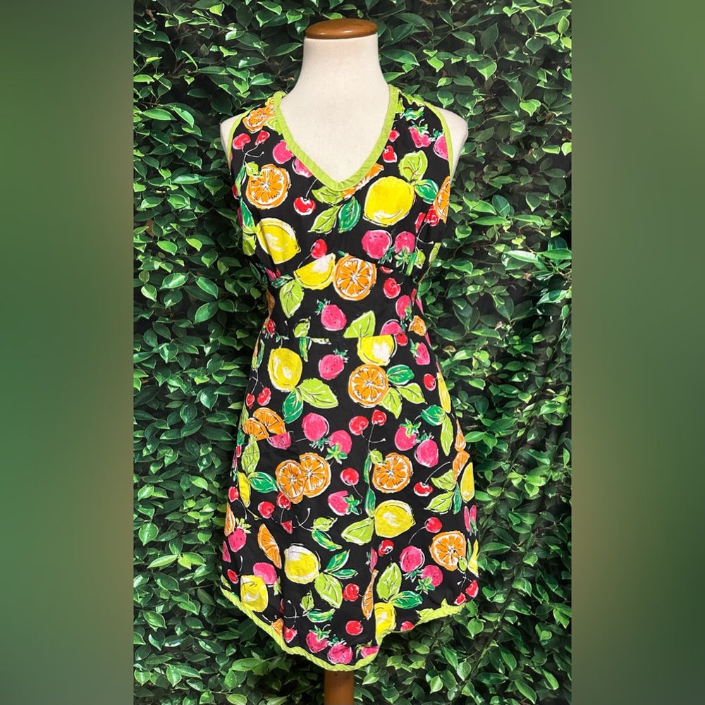 Lemon Citrus Print Bib Apron Front Pocket Vintage Small